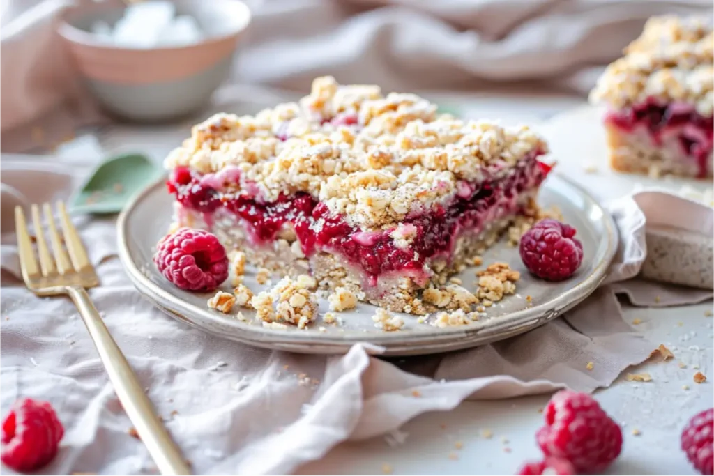 Warm natural window light highlighting raspberry coconut crumble bars with a golden almond-coconut base, glossy ruby raspberry-chia filling, crisp crumble topping, scattered crumbs, brushed-gold utensil accents, cream linens, pastel blush and sage tones, shallow depth of field, clean modern Texas-kitchen backdrop, realistic gluten-free texture and inviting editorial warmth.