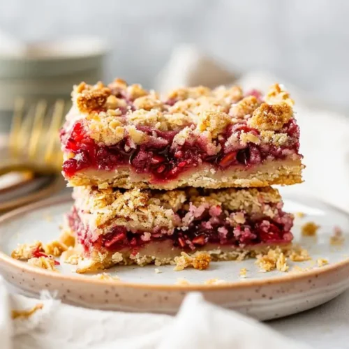 Raspberry Coconut Crumble Bars sliced with golden edges and ruby filling in soft natural light.