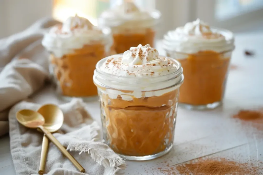 Silky pumpkin pudding cups in small glass jars topped with coconut whipped cream and cinnamon, shown in warm natural window light with muted amber tones, pastel accents, brushed-gold spoon, beige linen napkin, and a soft neutral kitchen backdrop, styled with shallow depth of field and realistic gluten-free texture.