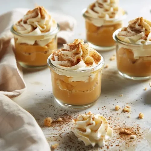 Pumpkin Pudding Cups topped with a swirl of coconut whipped cream and a light sprinkle of cinnamon in a clean, warm setting.