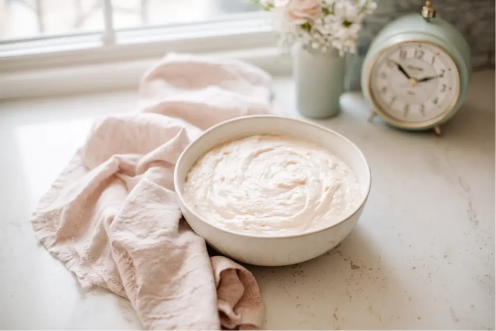 Your Top 20 Questions About Easy Gluten-Free Baking Answered 3 Gluten-free batter resting in a bowl with natural window light and pastel accents to show a key step in Easy Gluten-Free Baking for reducing gritty texture.
