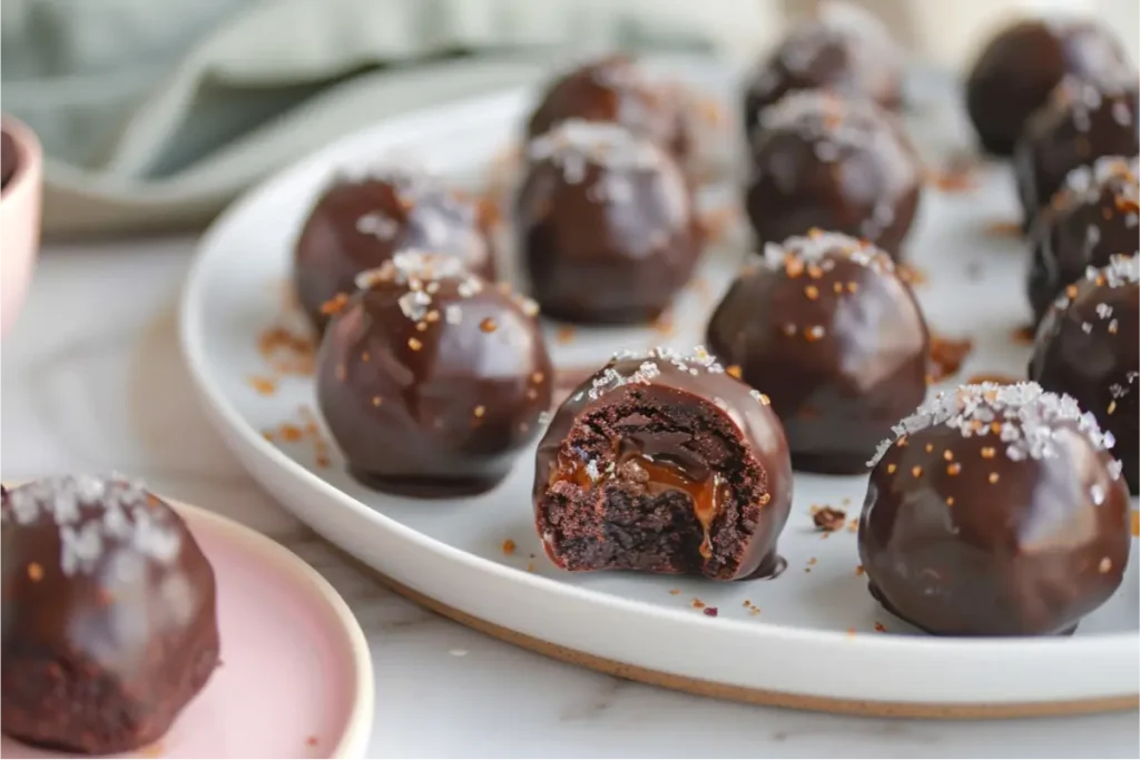 Glossy dark-chocolate–coated gluten-free salted caramel brownie truffles in an ultra-close shot, soft natural window light highlighting the fudgy cracked edges and caramel peek, styled on a clean modern countertop with blush, cream, and soft sage accents, shallow depth of field and pastel serveware creating a warm Texas-inspired home atmosphere.