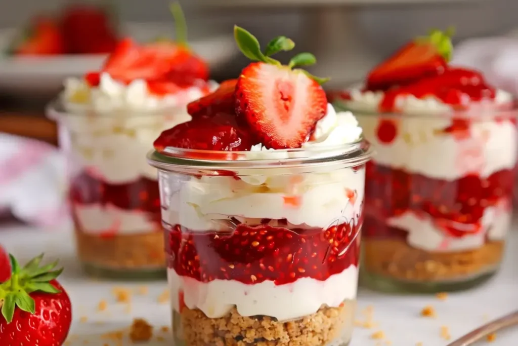 Ultra-close shot of gluten-free strawberry cheesecake cups in clear glass jars with consistent layers of graham cracker crust, creamy cheesecake filling, and thick strawberry sauce, styled with pastel linens, soft natural window light, and a clean modern Texas-inspired kitchen backdrop.