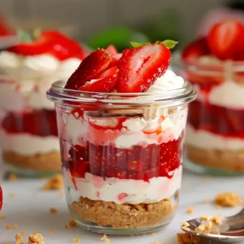 strawberry cheesecake cups gluten-free no-bake recipe card shown in clear glass jars with layers of graham crust creamy cheesecake filling and strawberry topping under soft natural light