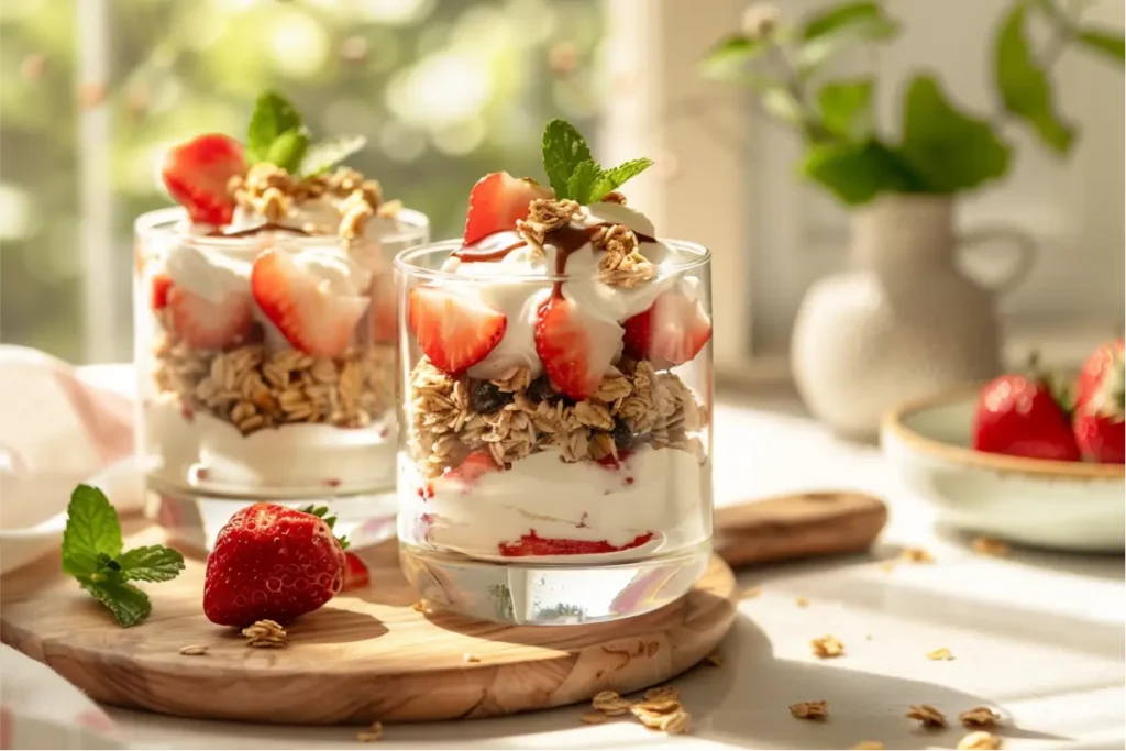 10 Best Gluten and Dairy Free Desserts to Impress Guests 6 Creamy no-bake strawberry coconut cream parfaits layered in clear glasses with fluffy whipped coconut cream, glossy strawberry slices, and light gluten-free granola texture, shown close-up in soft natural window light against a clean cream-and-blush kitchen with sage and brushed-gold accents, pastel plates, and gentle linen folds creating a warm, modern Texas-inspired mood.