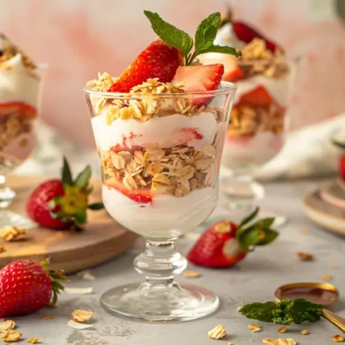 10 Best Gluten and Dairy Free Desserts to Impress Guests 7 Strawberry Coconut Cream Parfaits layered with whipped coconut cream and fresh strawberries in a clear glass.
