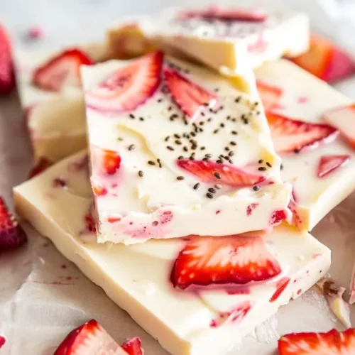 Strawberry yogurt bark with chia broken into chilled creamy pieces on parchment.