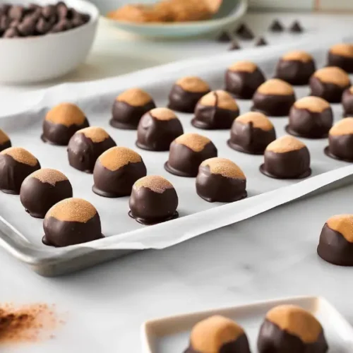 Gluten Free Nut Free Desserts for Beginners That Actually Taste Good 9 Close-up of Sunbutter “Buckeyes” (No-Bake + Nut-Free) with smooth chocolate coating on parchment.