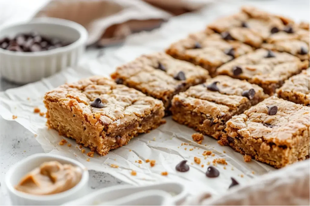 Gluten Free Nut Free Desserts for Beginners That Actually Taste Good 4 Golden gluten-free sunflower butter blondies sliced on crinkled parchment, melty chocolate pockets visible, warm natural window light from the left, pastel blush and sage accents softly blurred in the background, shallow depth of field highlighting the chewy texture, of one of the gluten free nut free desserts set on a clean neutral countertop with a cozy modern Texas kitchen mood.