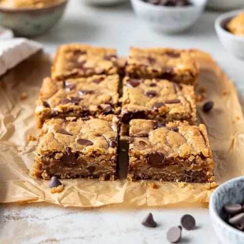 Gluten Free Nut Free Desserts for Beginners That Actually Taste Good 5 Close-up square of sunflower butter chocolate chip blondies with golden chewy texture and visible chocolate pockets.