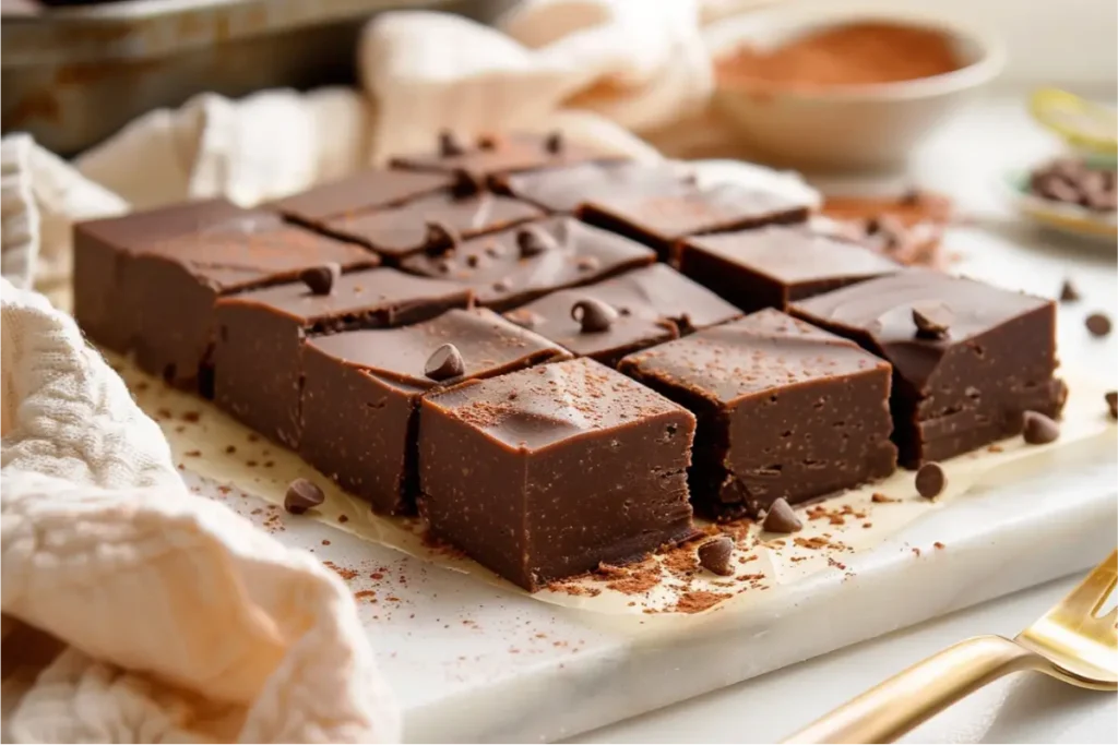 Warm natural window light highlighting glossy chocolate fudge squares made with sweet potato, deep cocoa tones, subtle maple-gold sheen, ultra-close angle with soft cream linens, brushed-gold utensil, pastel blush and sage accents in a clean Texas-kitchen backdrop, smooth gluten-free texture with slight crumbs at the edges, cozy editorial mood.