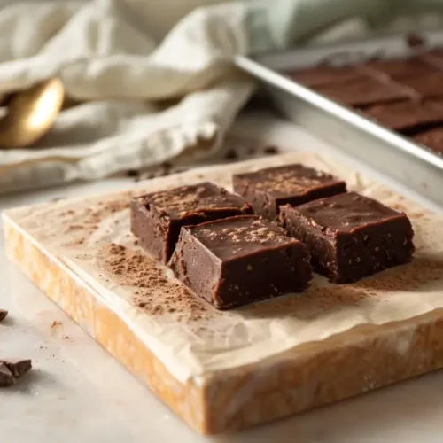 Sweet Potato Chocolate Fudge cut into glossy square pieces under warm natural light.