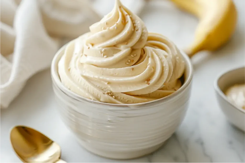 Creamy gluten-free dairy-free banana–tahini soft serve swirled in a chilled ceramic bowl, pale maple-gold tones catching warm natural window light, subtle vanilla-speckled texture, brushed-gold spoon on a cream linen, pastel blush and sage accents softly blurred in a modern Texas-kitchen backdrop, ultra-close 50mm-style angle with cozy editorial warmth.