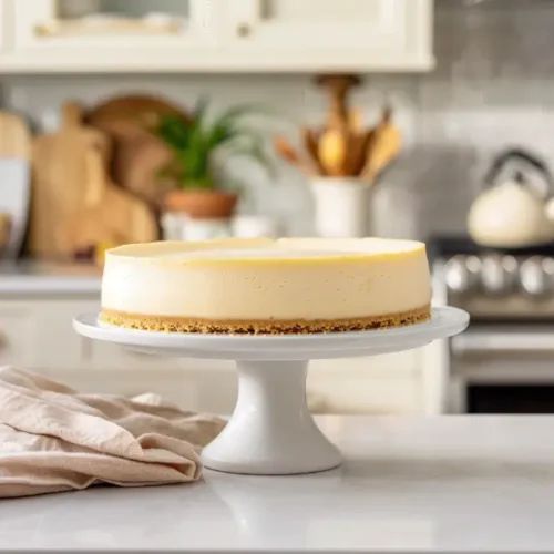The Only Easy Gluten Free Cheesecake Recipe You’ll Ever Need 2 Easy Gluten Free Cheesecake Recipe with a smooth pale golden top on a simple cake stand.