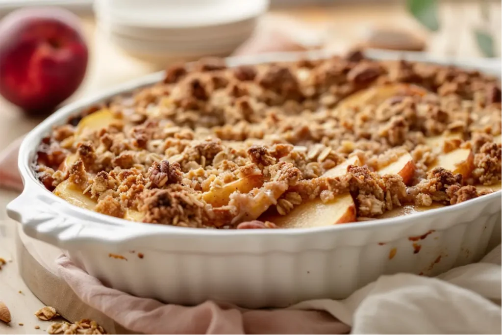 10 Irresistible Vegan Gluten Free Desserts You’ll Want To Make Again And Again 12 Warm natural light illuminating a close-up vegan apple crisp with bubbling tender apples under a golden oat-pecan crumble, subtle berry-purple and citrus-bright accents in the background, matte white dish on pale wood, soft blush linen nearby, shallow depth of field, clean cozy-modern Texas kitchen styling, realistic gluten-free textures.