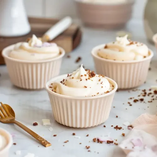 Vegan cheesecake cups with smooth pale filling on a gluten-free cookie crust.