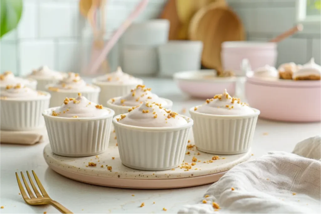 Creamy vegan cheesecake cups with pale vanilla-speckled filling set over a crumbly gluten-free cookie crust, shown in soft natural window light with pastel blush and sage accents, brushed-gold utensils, cream linens, shallow depth of field, and a clean warm Texas-kitchen backdrop.