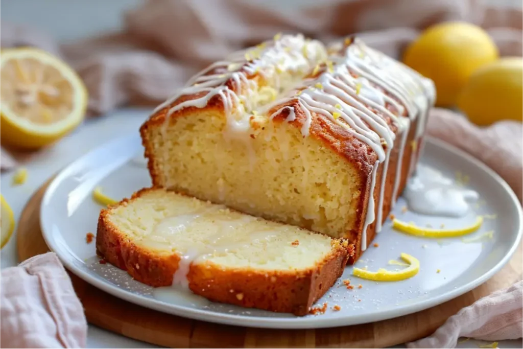 10 Irresistible Vegan Gluten Free Desserts You’ll Want To Make Again And Again 6 Golden vegan gluten-free lemon drizzle loaf sliced on a matte white plate with glossy citrus icing, warm window light, blush linen napkin, pale wood board, soft pastel accents, shallow depth of field, clean cozy Texas-inspired kitchen backdrop.