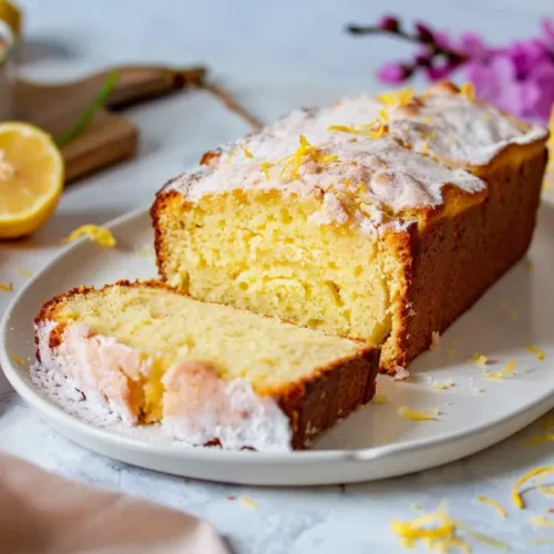 10 Irresistible Vegan Gluten Free Desserts You’ll Want To Make Again And Again 7 Vegan Gluten Free Lemon Drizzle Cake slice with glossy icing on a white plate.