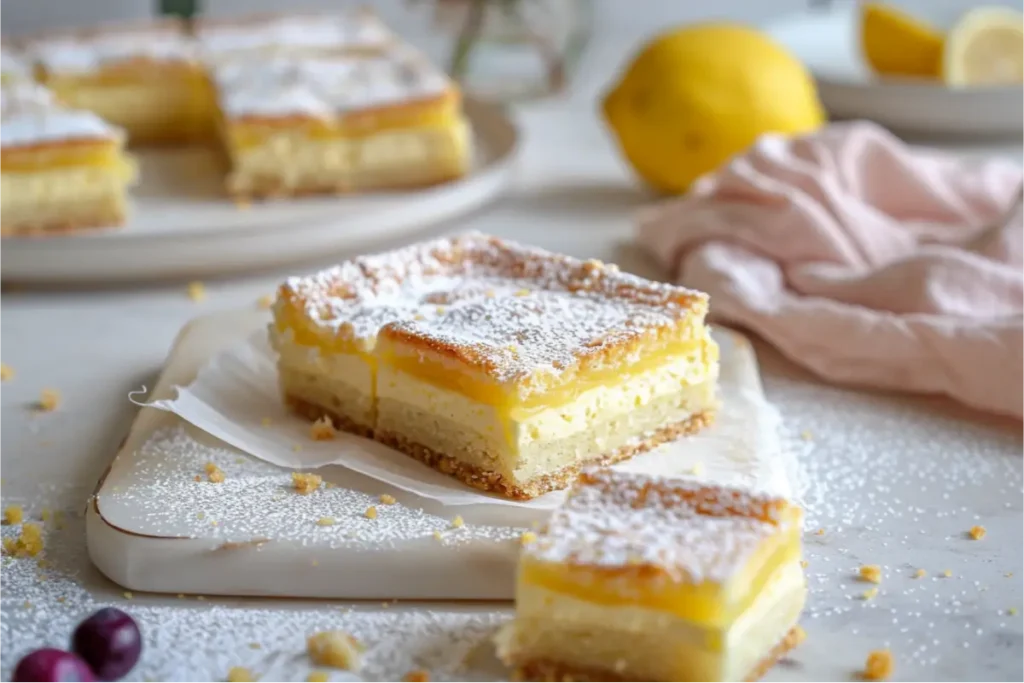 10 Irresistible Vegan Gluten Free Desserts You’ll Want To Make Again And Again 8 Bright yellow vegan lemon bars with a smooth glossy filling and powdered sugar topping, sliced into neat squares on a matte white plate, surrounded by soft blush linen and pale wood accents, shown in warm natural window light with shallow depth of field and subtle pastel undertones highlighting their gluten-free texture.