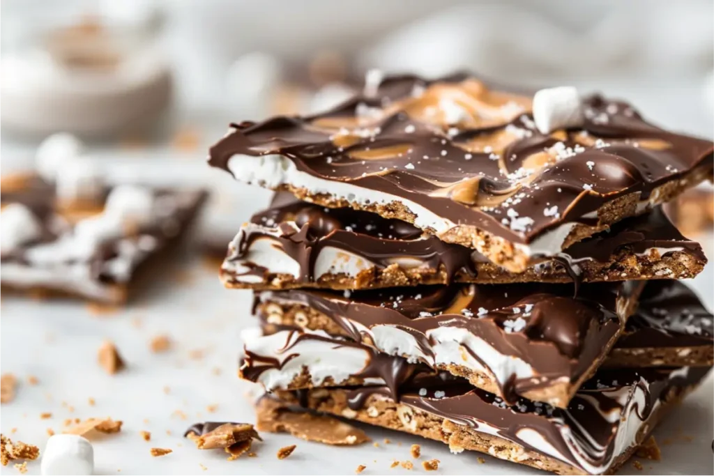 Ultra-close shot of vegan s’mores bark with glossy dairy-free chocolate swirls, gooey melted marshmallow ribbons, and cinnamon gluten-free graham chunks on a clean modern surface, styled in soft natural window light with pastel blush, cream, and sage accents in a warm Texas-inspired kitchen.