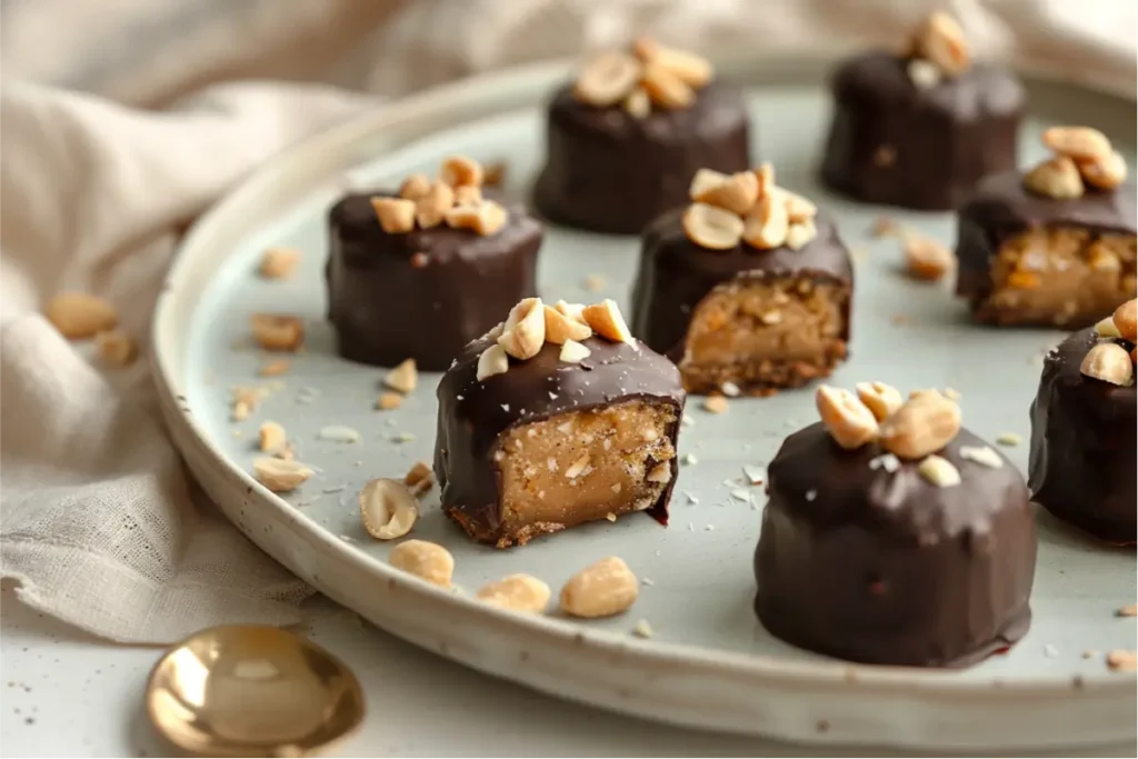 ultra-close gluten-free frozen date bites stuffed with creamy nut butter and chopped nuts, half-dipped in glossy dairy-free chocolate, arranged on a neutral ceramic plate with warm natural window light, pastel blush and sage accents in a soft-focus texas-style kitchen, shallow depth of field highlighting rich textures and cozy modern styling