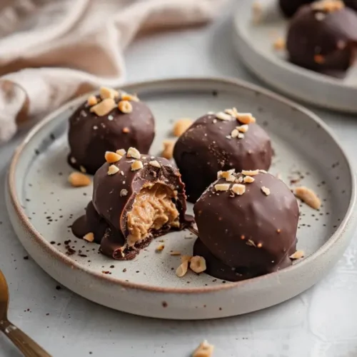 vegan snickers ice cream bites with chocolate-dipped edges on a clean ceramic plate