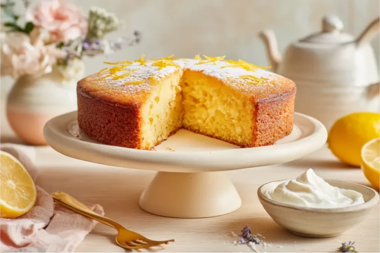 The Best Almond Flour Gluten Free Desserts (Easy & Nutritious) 10 Golden almond flour lemon cake on a cream plate with a clean slice removed, bright lemon zest on top, soft natural window light, pastel blush and sage accents, airy crumb texture, styled for a cozy modern kitchen; perfect for Almond Flour Gluten Free Desserts.