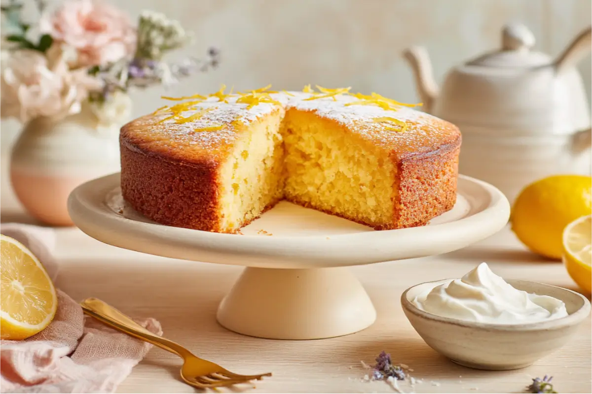 Golden almond flour lemon cake on a cream plate with a clean slice removed, bright lemon zest on top, soft natural window light, pastel blush and sage accents, airy crumb texture, styled for a cozy modern kitchen; perfect for Almond Flour Gluten Free Desserts.