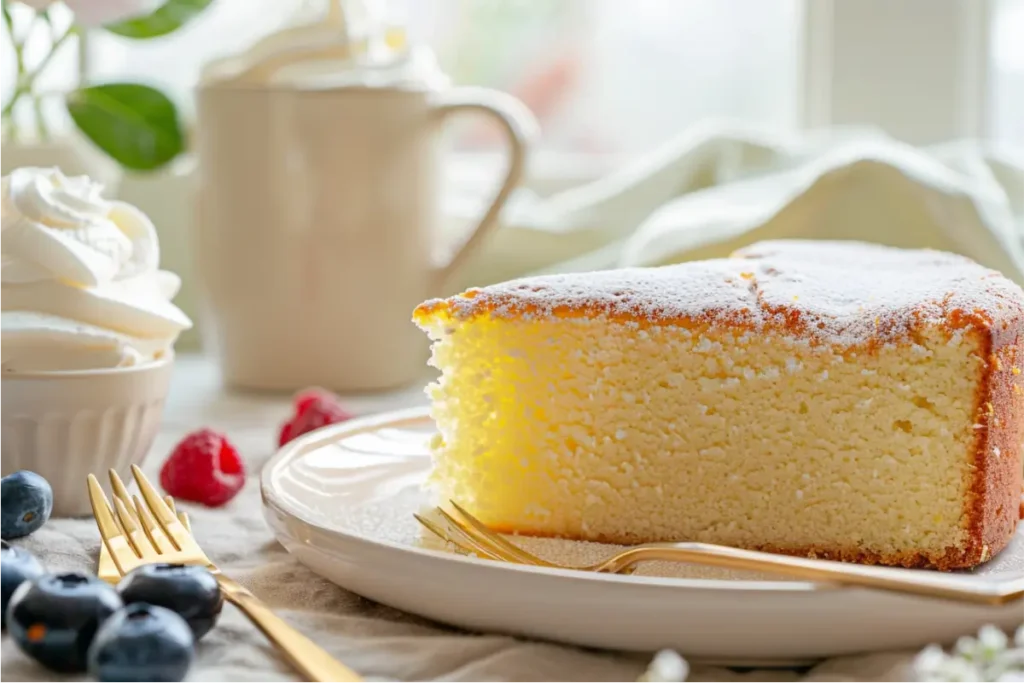 The Best Almond Flour Gluten Free Desserts (Easy & Nutritious) 10 Golden almond-flour lemon cake slice on a cream plate with airy, tender crumb, soft lemon zest flecks, pastel sage linen, brushed-gold fork, and warm natural window light against a cream-and-blush kitchen backdrop in a cozy gluten-free setting.