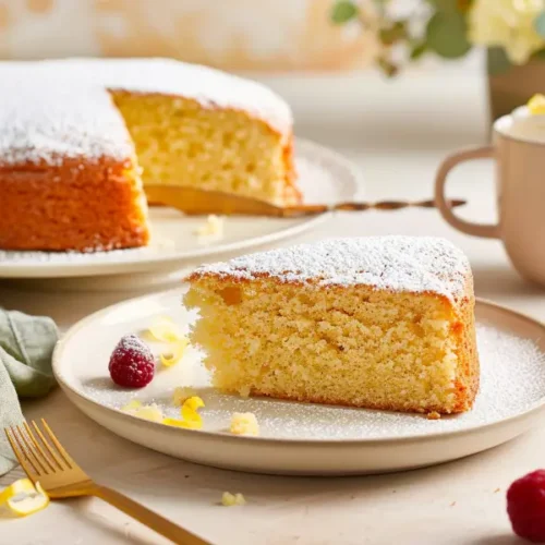 The Best Almond Flour Gluten Free Desserts (Easy & Nutritious) 11 Almond Flour Lemon Cake slice with golden crumb on a cream plate.