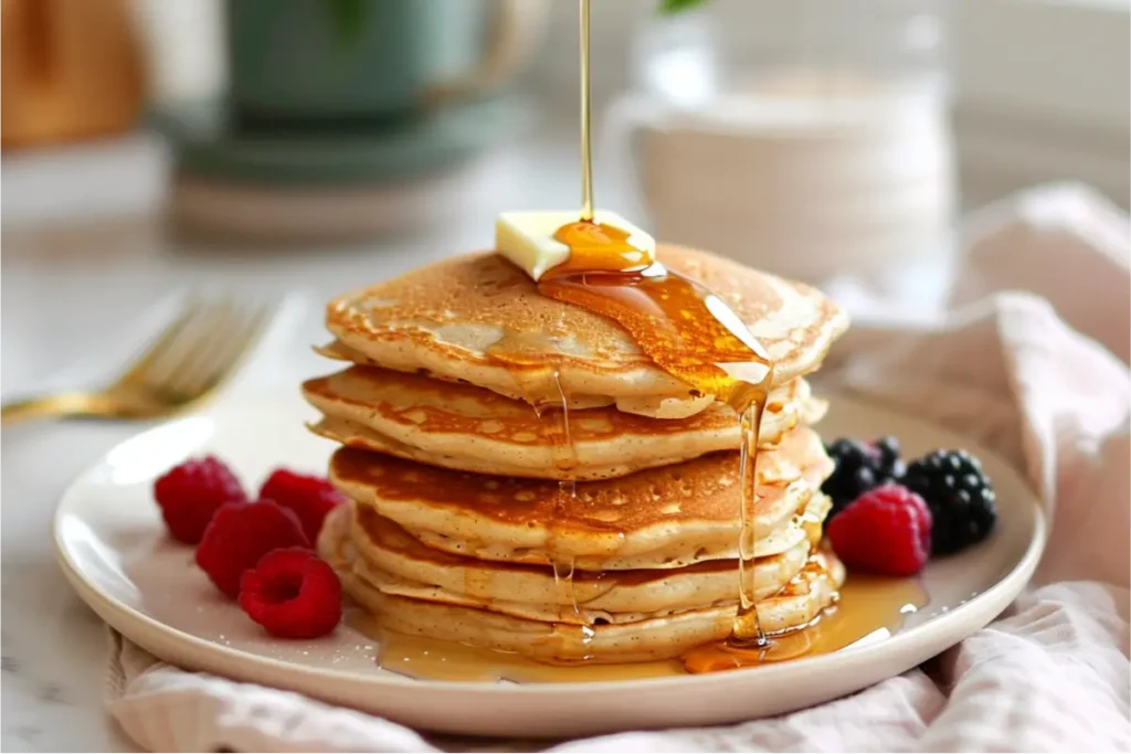 The Best Almond Flour Gluten Free Desserts (Easy & Nutritious) 16 Golden almond flour pancakes stacked on a cream plate with syrup dripping down the sides, melting butter on top, fresh berries nearby, warm natural window light, blush and sage accents, brushed-gold utensils, clean cream kitchen backdrop, airy cozy mood highlighting gluten-free textures.
