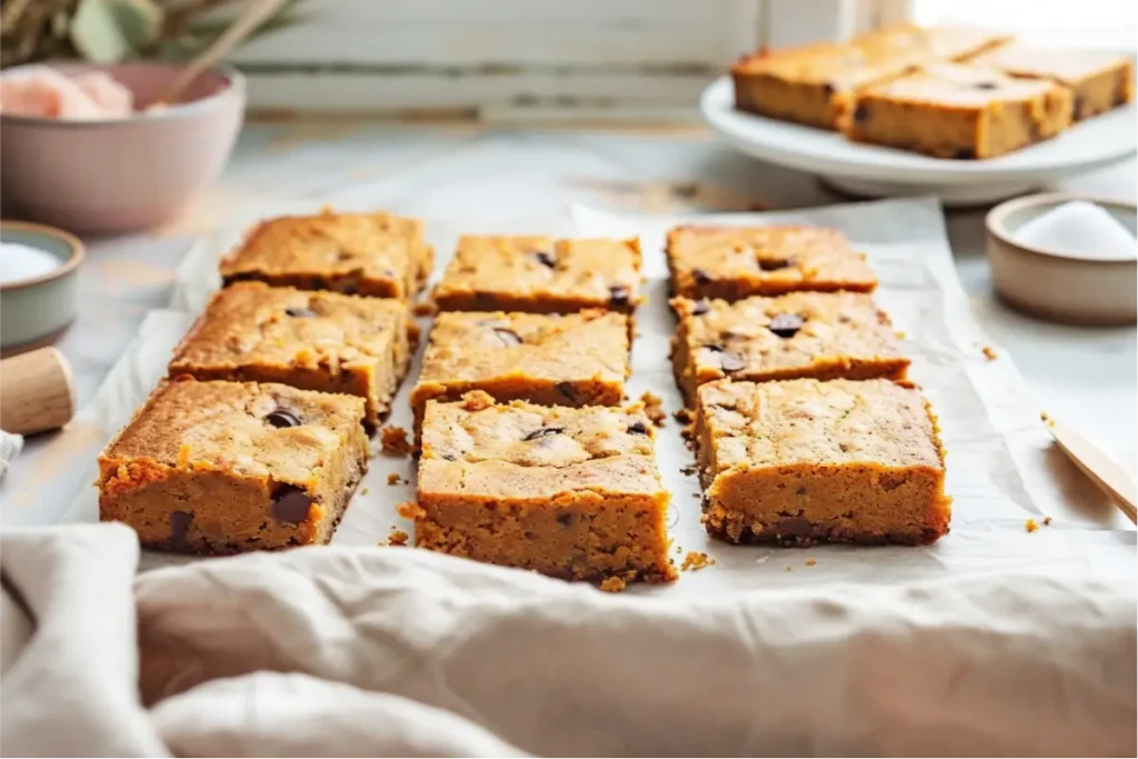 The Best Gluten Free Sugar Free Desserts for a Healthy Sweet Tooth 28 Warm natural light highlighting sliced pumpkin blondies with golden-orange centers, glossy dark chocolate pockets, soft crumbs on parchment, pastel blush and sage accents, shallow depth of field, modern gluten-free styling.