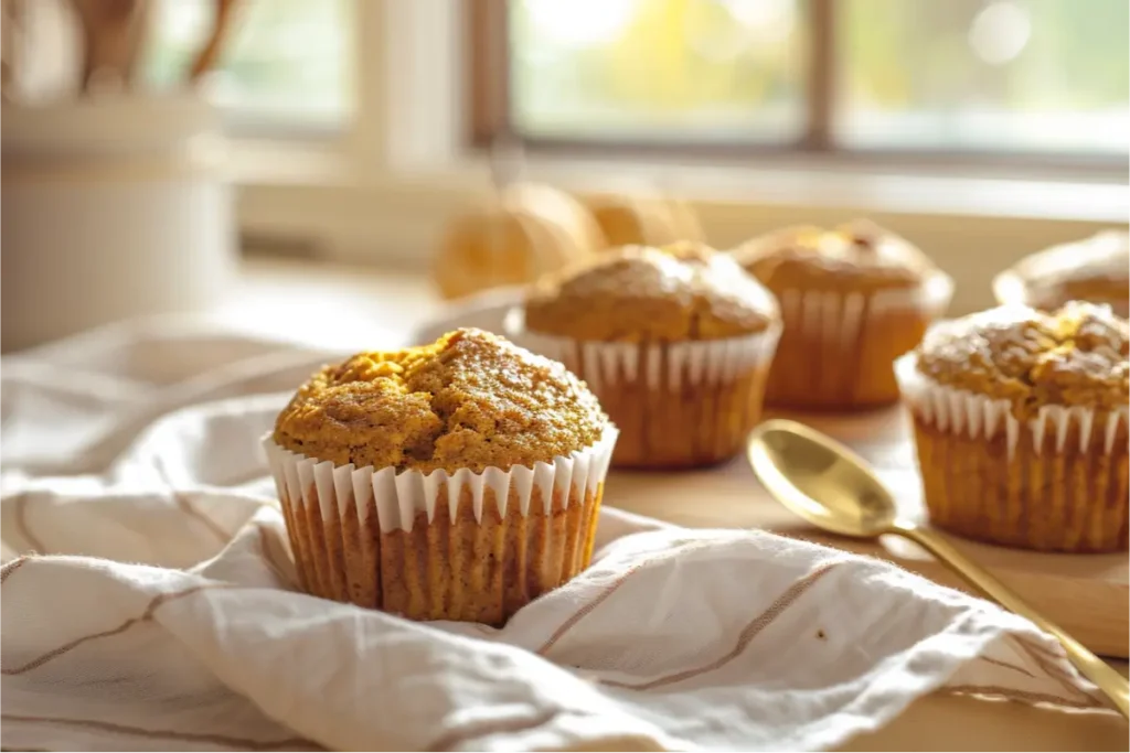 The Best Almond Flour Gluten Free Desserts (Easy & Nutritious) 18 Warm natural window light highlighting moist golden pumpkin muffins made with almond flour, shown in an ultra-close 50mm angle with tender crumb texture, cinnamon-speckled tops, pastel sage linen, brushed-gold spoon accents, and a clean cream-and-blush kitchen backdrop for a cozy gluten-free fall mood.