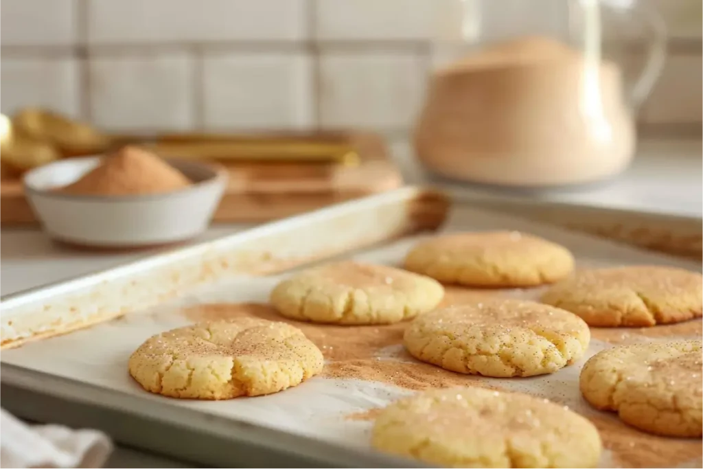The Best Almond Flour Gluten Free Desserts (Easy & Nutritious) 12 Golden almond flour snickerdoodles cooling on parchment under warm natural window light, with crisp cinnamon-sugar crackled tops, soft beige and almond-gold tones, brushed-gold props, pastel sage accents, shallow depth of field, and a clean cream kitchen backdrop creating a cozy gluten-free baking atmosphere.
