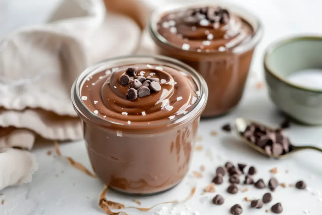 The Best Gluten Free Sugar Free Desserts for a Healthy Sweet Tooth 6 Creamy chocolate pudding with glossy cocoa swirls in neutral ramekins under warm natural window light, soft bright highlights, pastel blush and muted sage accents, cream linen, tiny ceramic bowl nearby, clean backdrop, cozy modern Texas kitchen mood, smooth gluten-free texture.