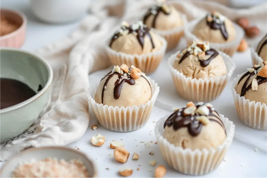 The Best Gluten Free Sugar Free Desserts for a Healthy Sweet Tooth 2 Creamy cashew fat bombs in soft parchment liners, pale honey-gold tones highlighted by warm natural window light, chopped cashew topping and delicate dark chocolate drizzle, clean neutral backdrop with pastel blush and muted sage accents, shallow depth of field and realistic gluten-free texture, styled to fit gluten free sugar free desserts with a wholesome, modern feel.