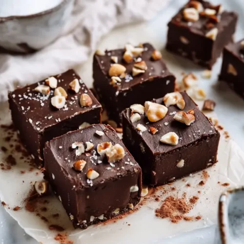 The Best Gluten Free Sugar Free Desserts for a Healthy Sweet Tooth 17 Chocolate Hazelnut Fudge (Sugar-Free & Gluten-Free) squares stacked with glossy texture and toasted hazelnuts on top.