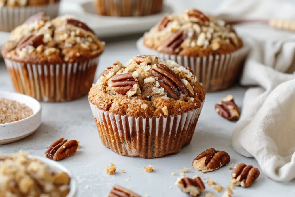 The Best Gluten Free Sugar Free Desserts for a Healthy Sweet Tooth 20 Warm natural light over golden gluten-free cinnamon pecan muffins with crisp streusel tops, soft cream linen, pastel bowls, torn muffin showing moist almond-flour texture, clean neutral background, cozy Texas-inspired mood.