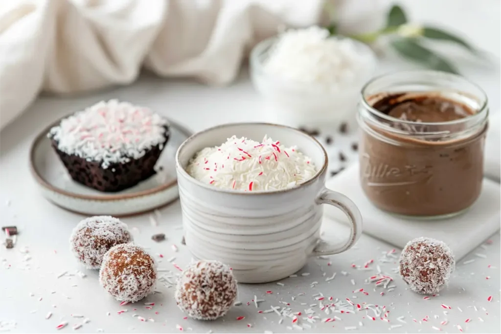 Gluten And Dairy Free Desserts: The Ultimate Recipe Collection 3 gluten and dairy free peppermint treats including a mug of whipped coconut cream with crushed candy cane, chocolate mousse in a glass jar, a chocolate cupcake topped with shredded coconut, and coconut-coated energy bites on a bright white surface with soft natural light