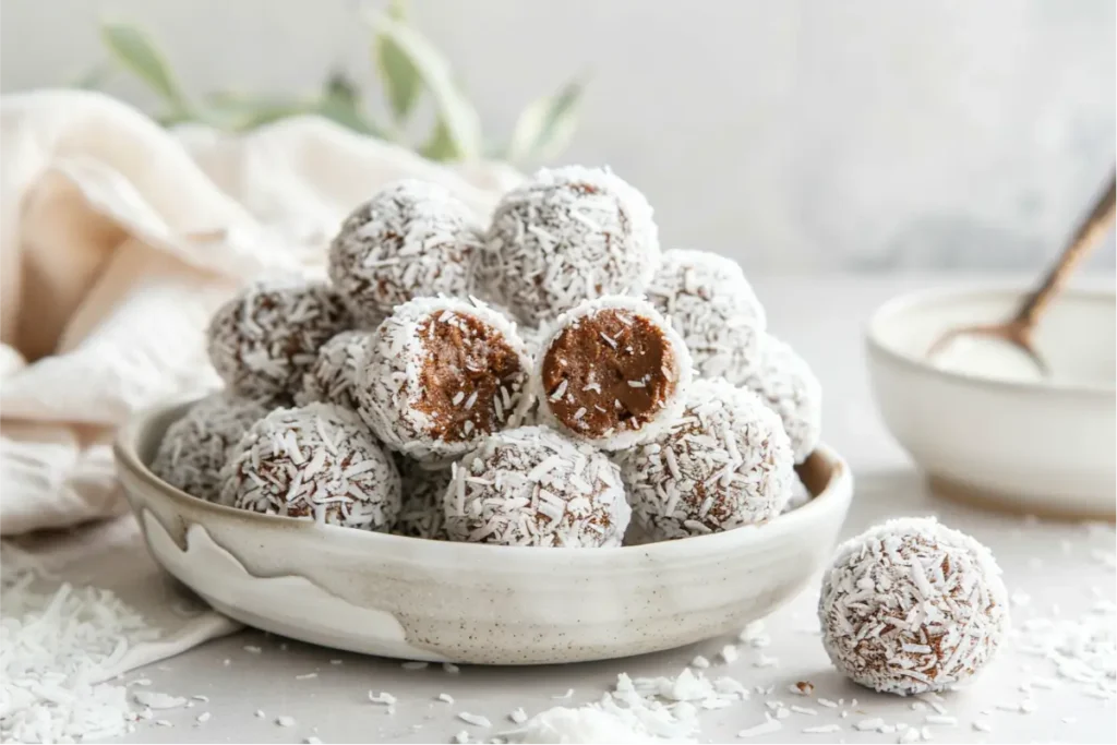 The Best Gluten Free Sugar Free Desserts for a Healthy Sweet Tooth 8 Warm coconut-coated cocoa bliss balls in a tight close-up on a neutral surface, soft natural window light from the left, honey-gold undertones, subtle pastel blush and muted sage accents, shallow depth of field, light crumbs scattered naturally, clean modern backdrop with a cozy gluten-free mood.