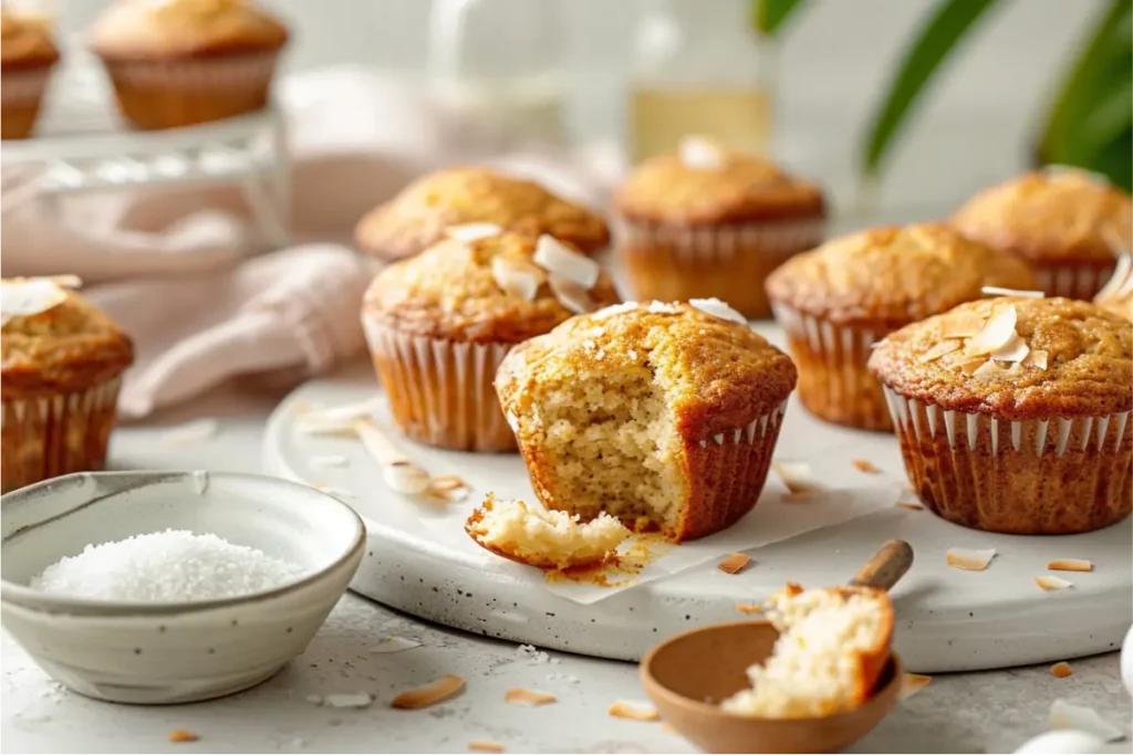 The Best Gluten Free Sugar Free Desserts for a Healthy Sweet Tooth 30 Warm natural window light on golden coconut flour banana muffins with a torn muffin showing moist gluten-free crumb, pastel blush and sage accents, cream linen, and shallow depth of field on a clean neutral backdrop.
