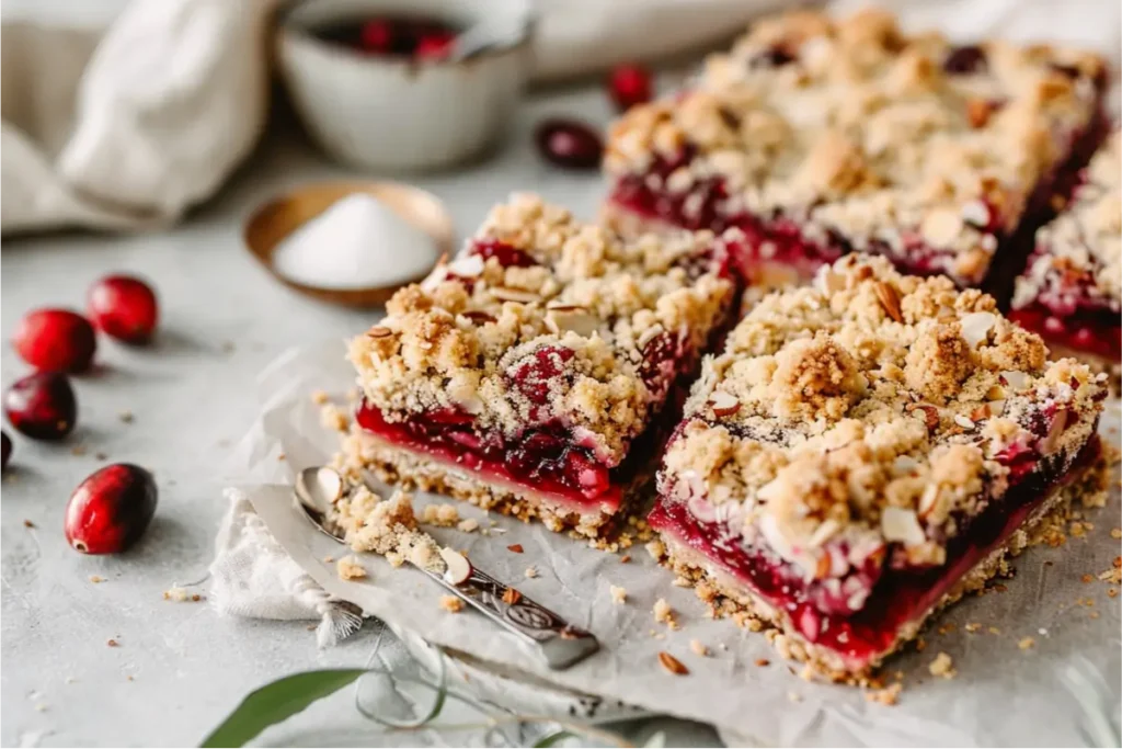 The Best Gluten Free Sugar Free Desserts for a Healthy Sweet Tooth 14 Cranberry almond bars sliced with a glossy ruby filling and golden almond crumble, warm natural window light, soft pastel accents, neutral backdrop, gluten-free textures, shallow depth of field, cozy editorial Texas-kitchen mood.