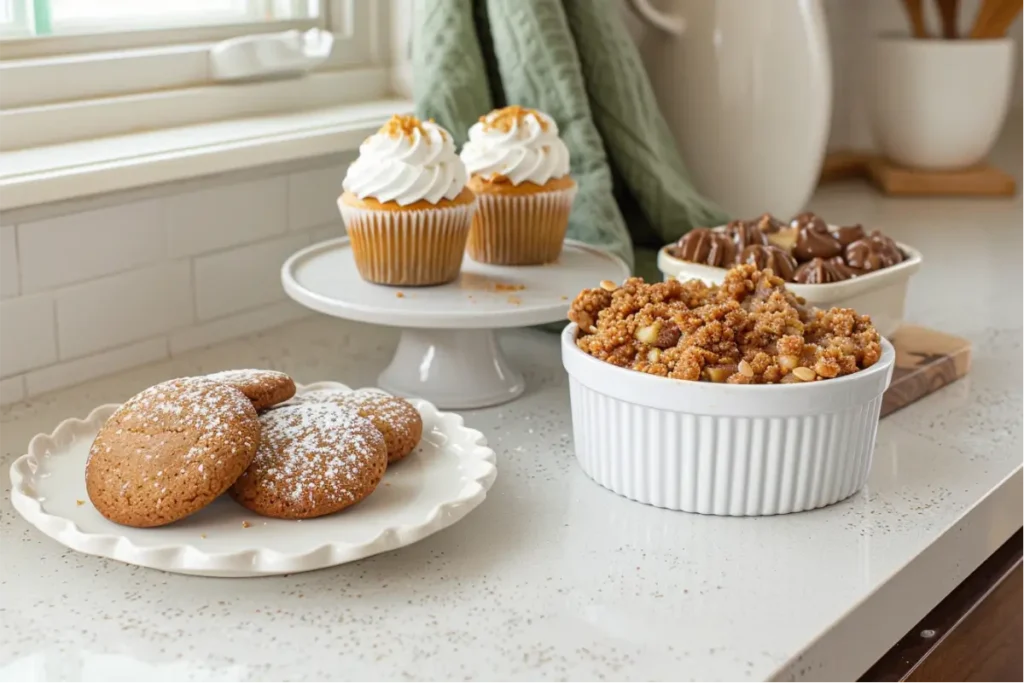 Gluten And Dairy Free Desserts: The Ultimate Recipe Collection 2 classic gluten and dairy free desserts including powdered gingerbread cookies, vanilla cupcakes with white swirl frosting, apple crisp in a white ramekin, and chocolate-dipped coconut macaroons on a bright countertop with soft natural window light