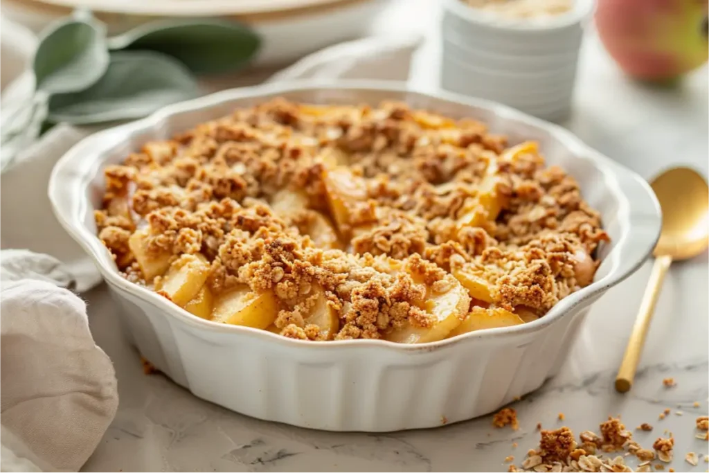 The Best Almond Flour Gluten Free Desserts (Easy & Nutritious) 14 Golden gluten-free apple crisp with tender apple filling and a textured almond-flour crumble, styled in warm natural window light on a cream-and-blush backdrop with soft sage accents, shallow depth of field, brushed-gold utensils, and a cozy modern Texas-inspired atmosphere.