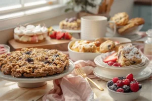 Warm natural light over an inviting spread of easy gluten-free desserts including cookies, crumble bars, and mug cake on a pale wood surface with blush and cream accents in a modern Texas-style kitchen.