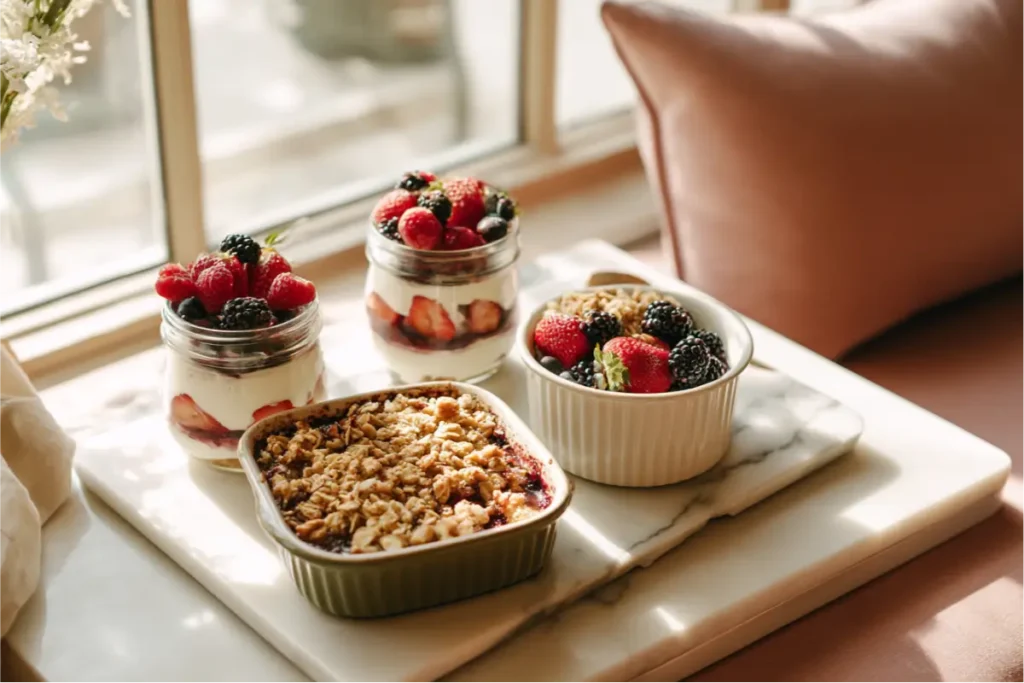 The Ultimate Guide to Easy Gluten-Free Desserts 5 Assortment of gluten-free apple and berry desserts styled warmly for easy gluten-free desserts.