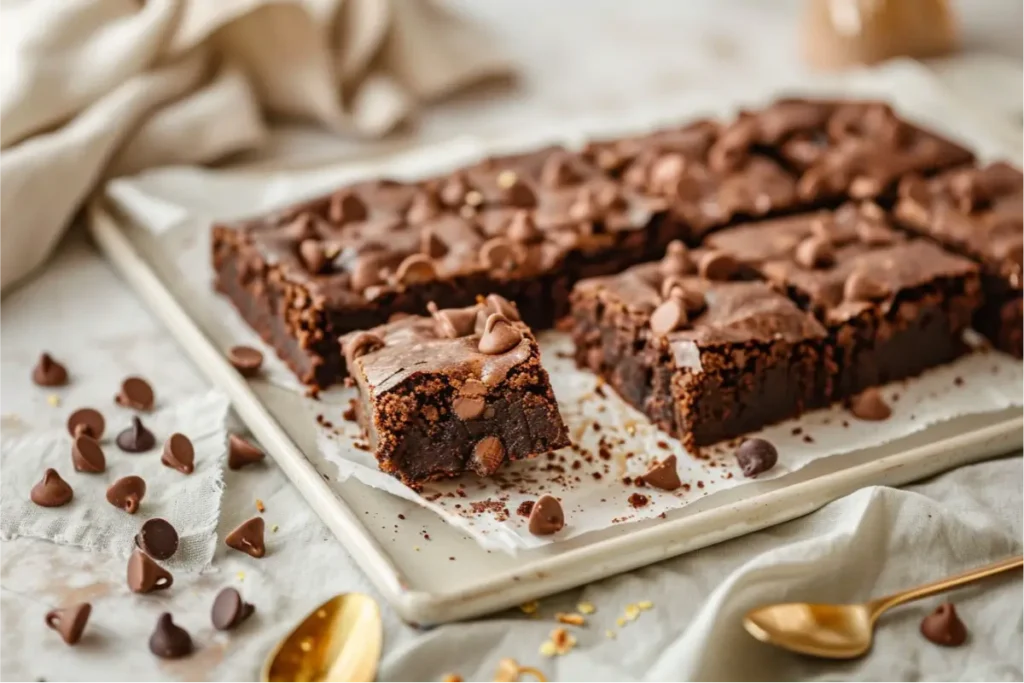 The Best Almond Flour Gluten Free Desserts (Easy & Nutritious) 6 Fudgy almond flour brownies cut into squares on parchment with glossy cacao tops and scattered mini chocolate chips, shown in warm natural window light on a cream-and-blush kitchen surface with pastel sage linen and brushed-gold accents, highlighting dense gluten-free brownie texture in an ultra-close 3:4 composition.