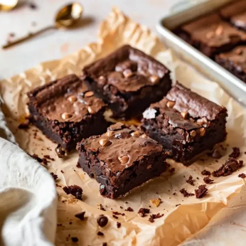 The Best Almond Flour Gluten Free Desserts (Easy & Nutritious) 7 Fudgy almond flour brownies cut into neat chocolatey squares with a glossy chip-studded top.