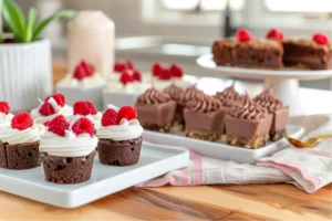 Editorial gluten- and dairy-free dessert assortment with chocolate mousse cups, coconut whipped cream, raspberry-lemon mini cakes, and almond butter brownies styled with blush linens, sage accents, and warm natural window light in a modern Texas kitchen.